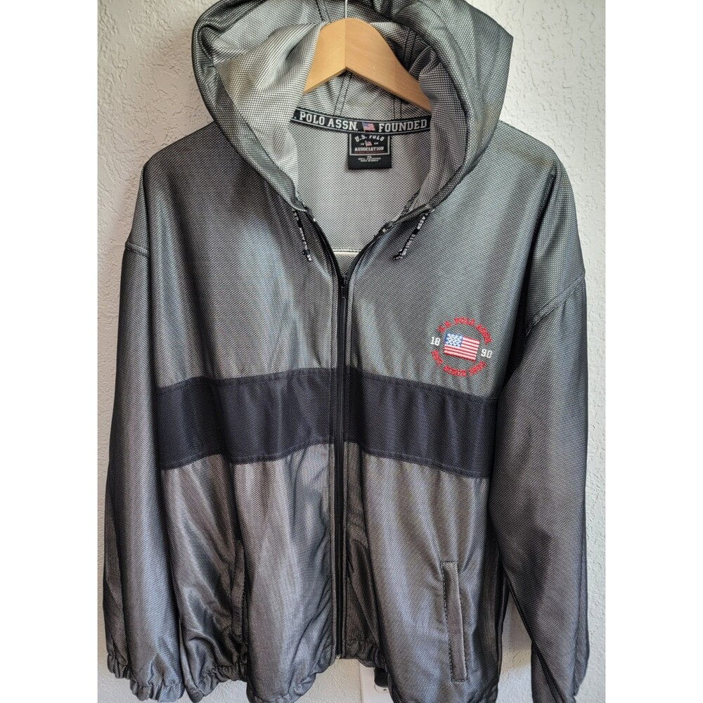 U.S. Polo Assn Mens XL Full Zip Hooded Jacket Gray Black Flag Logo